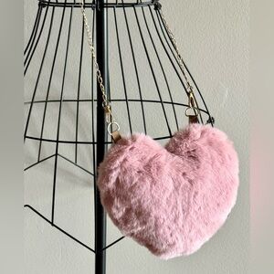New Small Faux Fur Mauve Pink Heart Crossbody Shoulder Purse Bag w/ Love Charm